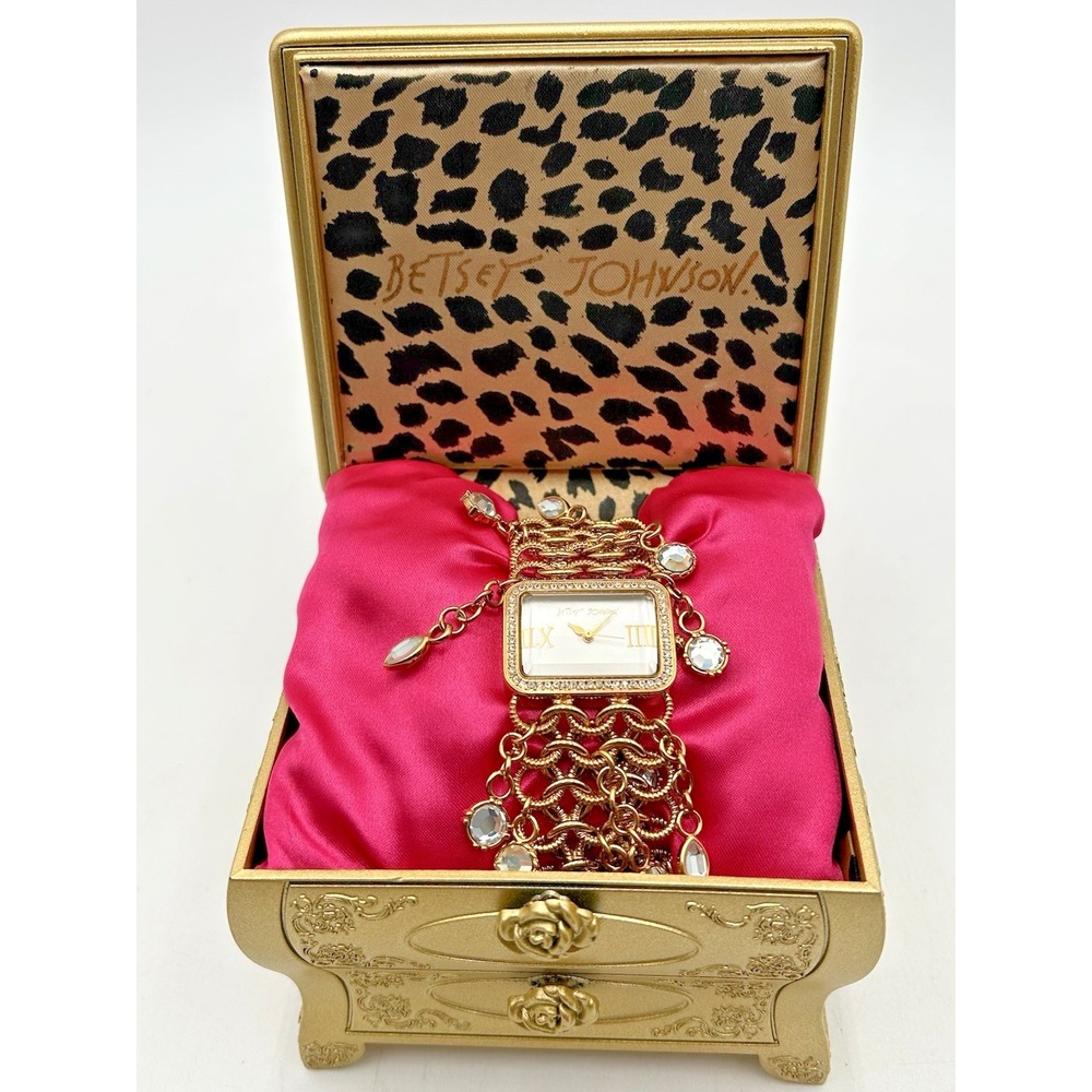 Rare Betsey Johnson Womens BJ4012 Hanging Stones Gold-Tone Bracelet Watch NIB